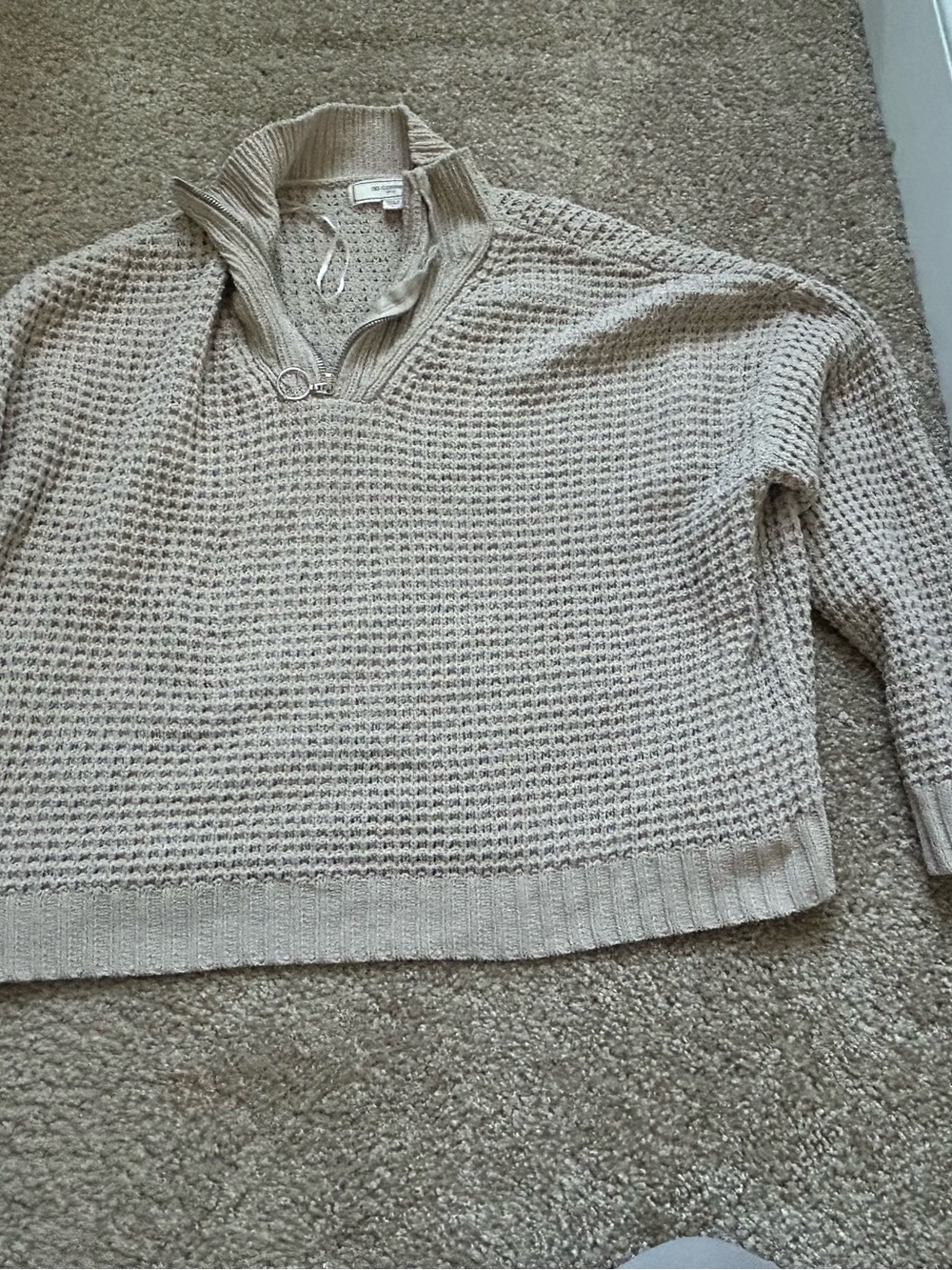Women's Beige Waffle-Knit Quarter Zip Sweater